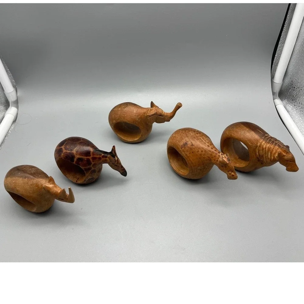 Lot 5 African Safari Animal Napkin Wooden Ring Holder Handmade Fair‎ Trade